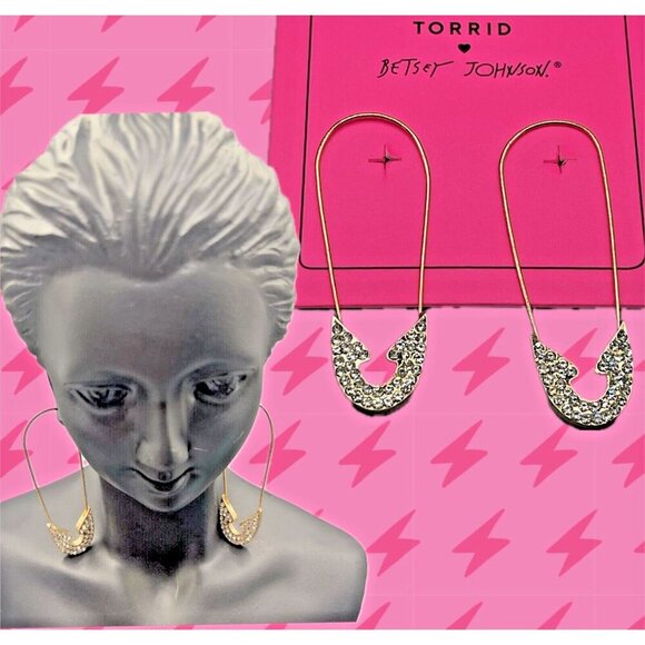 Betsey Johnson Large Safety Pins Pave Detail Gold-Tone Dangle Hook Earrings - Picture 1 of 3